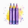 Three purple crayons with artistic splash background. Royalty Free Stock Photo